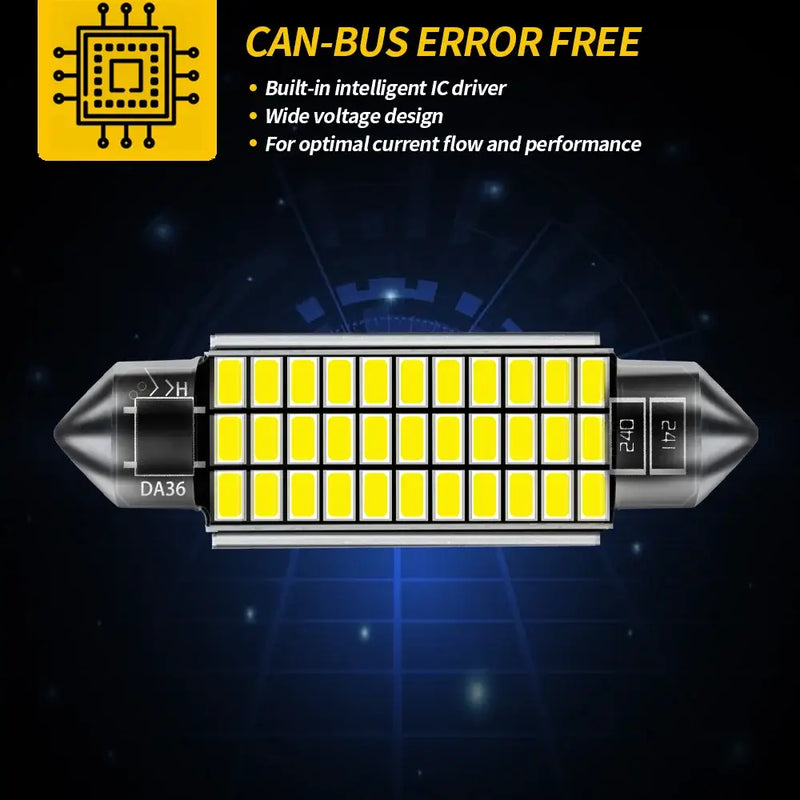 C5W LED Festoon bulb featuring yellow panels on a cylindrical base for vehicle lighting