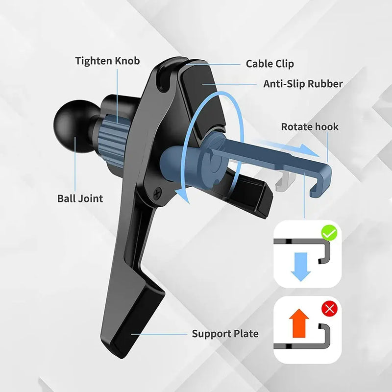 Adjustable Car Air Vent Phone Mount with labeled components and instructions for use