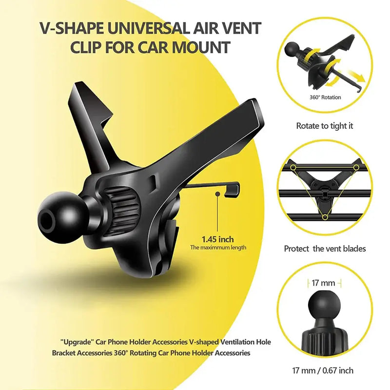 V-shaped air vent clip for car phone mount with 17mm ball head for easy installation