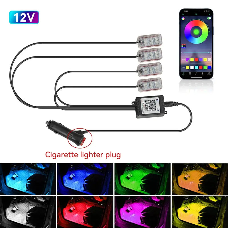 LED car interior lights styling kit with smartphone app and 12v cig power adapter