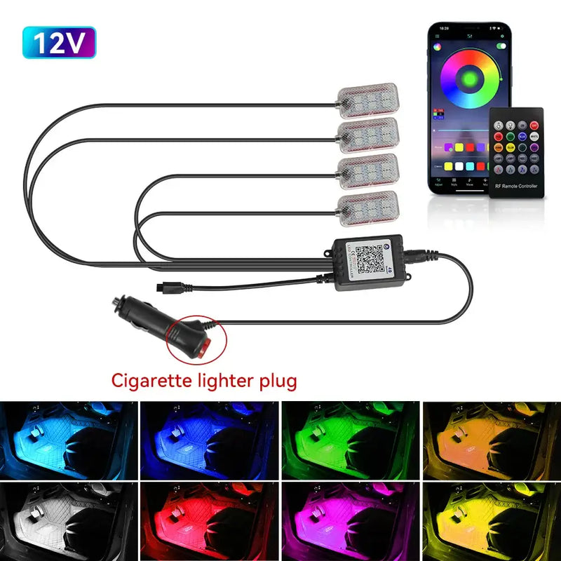 RGB LED Car Interior Lights with Smartphone App Control and 12V Cigarette Lighter Connection