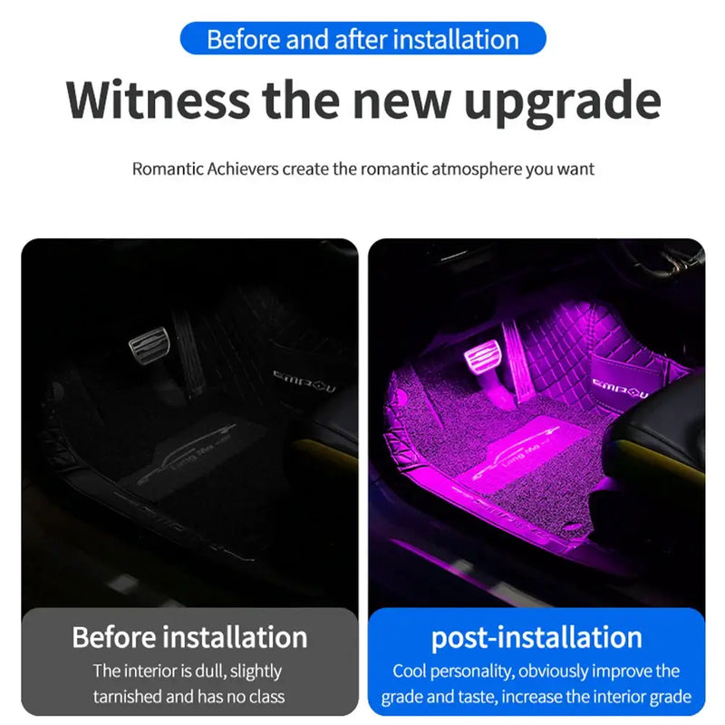 Before and after of car interior lights styling with upgraded purple LED lighting