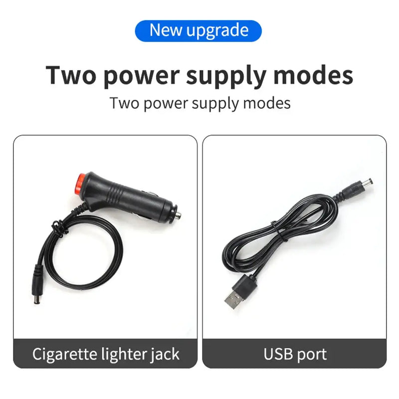 Two power supply options, a cigarette lighter adapter and a USB cable for car interior lights