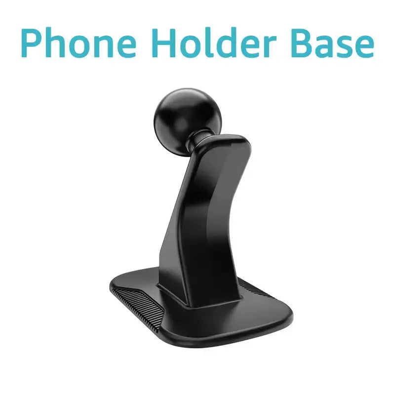 Black plastic car phone holder base with curved arm and suction cup mount for secure use