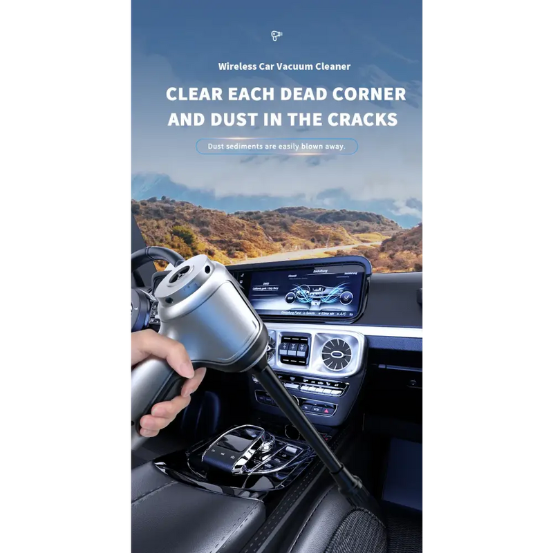 Handheld wireless vacuum cleaner with strong suction being used in a vehicle interiores