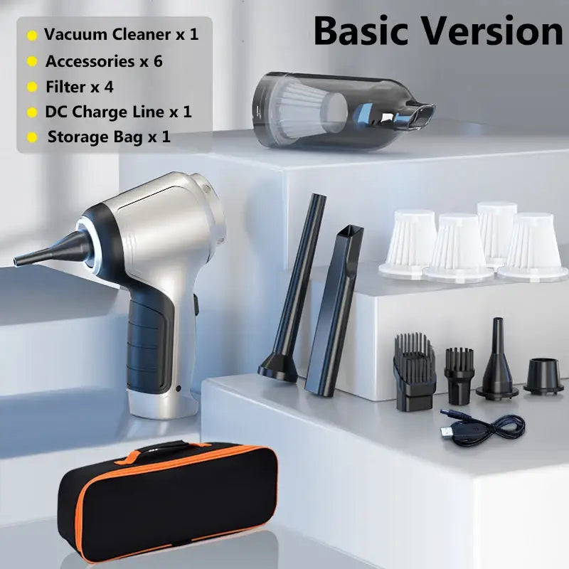 Handheld car wireless vacuum cleaner showcasing strong suction with various attachments