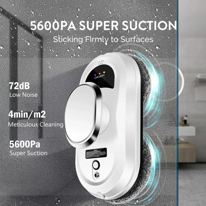 Robotic Chovery Windows Cleaner Model showcasing suction capabilities and performance specs