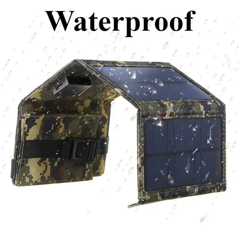 Foldable solar panel charger with camouflage pattern and waterproof design for outdoor use