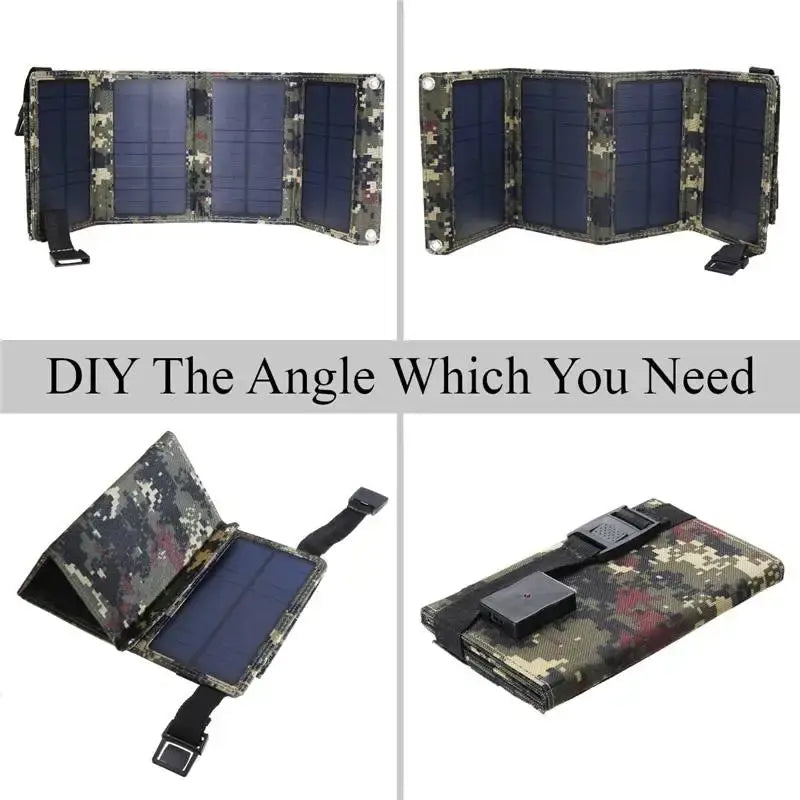 Portable solar panel charger with foldable camouflage design for outdoor energy solutions