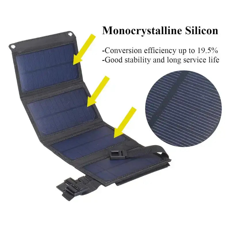 Foldable solar panel charger featuring monocrystalline silicon cells for portable energy solutions