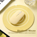 Pale yellow wireless Bluetooth mouse on a circular yellow surface for seamless comfort