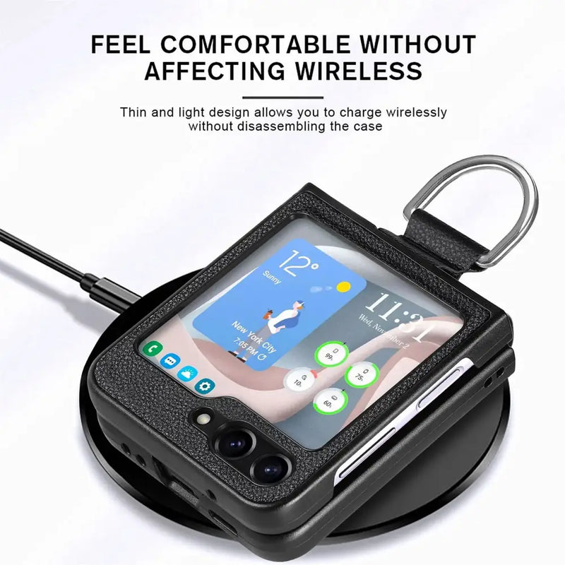 Wireless charging case for Samsung Galaxy Z Flip with ring holder and screen display