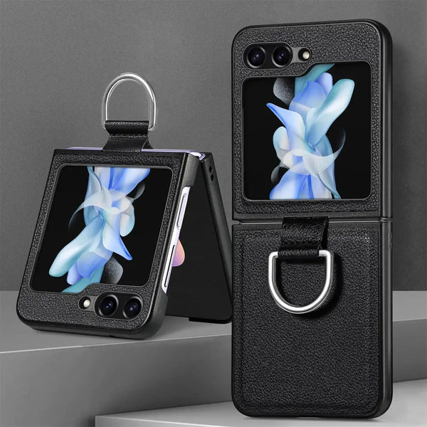 Folding smartphone case with floral design and metal ring holder for Samsung Galaxy Z Flip