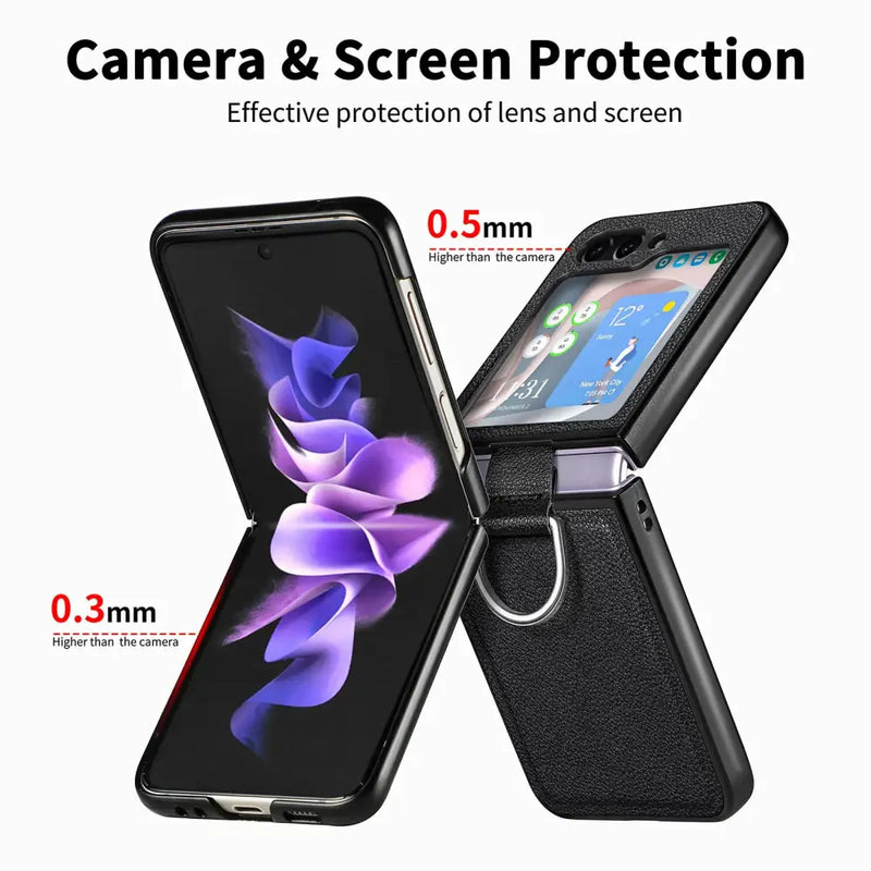 Comfortable Leather Ring Holder Case for Samsung Galaxy Z Flip with camera and screen protection