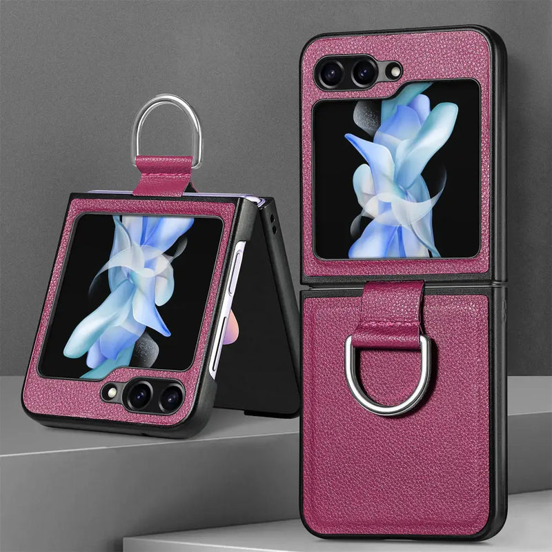 Foldable Samsung Galaxy Z Flip with pink leather case and ring holder attachment