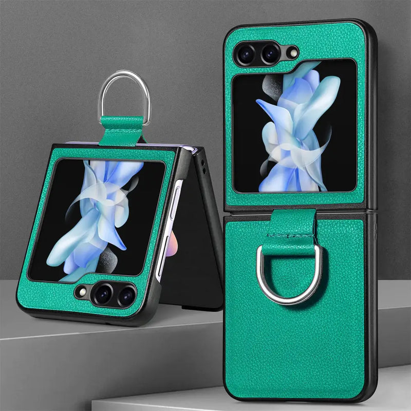 Teal Leather Ring Holder Case for Samsung Galaxy Z Flip with floral display design