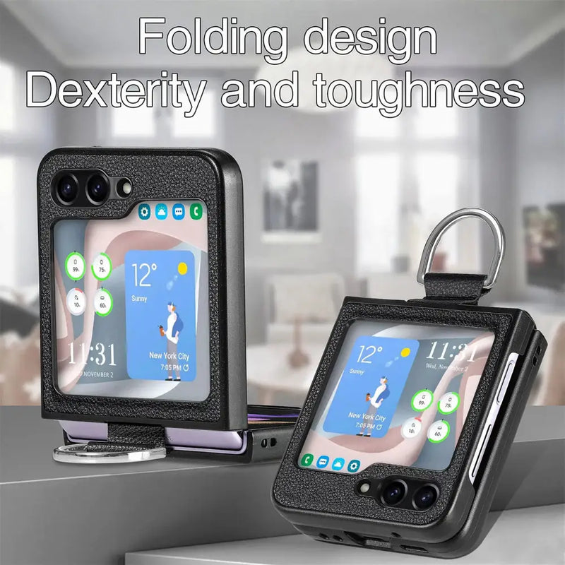 Comfortable Leather Ring Holder Case for Samsung Galaxy Z Flip with external display and camera