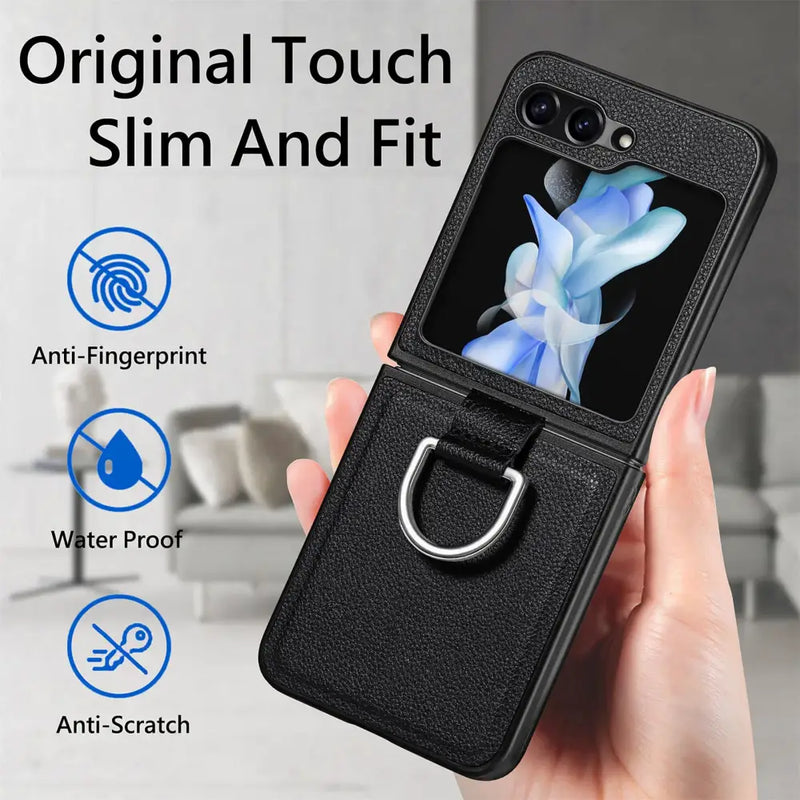 Comfortable Leather Ring Holder Case for Samsung Galaxy Z Flip with blue flower design