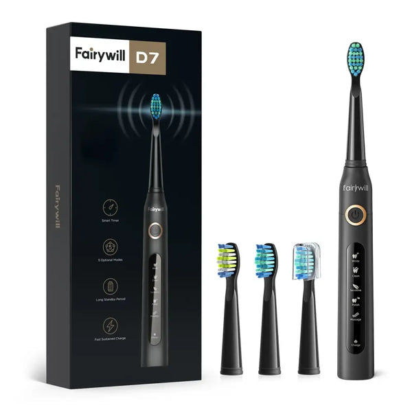 Electric toothbrush with multiple brush heads and packaging, featuring commodity quality certification