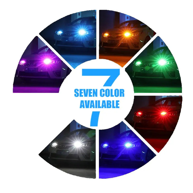 Circular diagram of Creadvent W5W LED Reading Lights showcasing seven vibrant LED colors