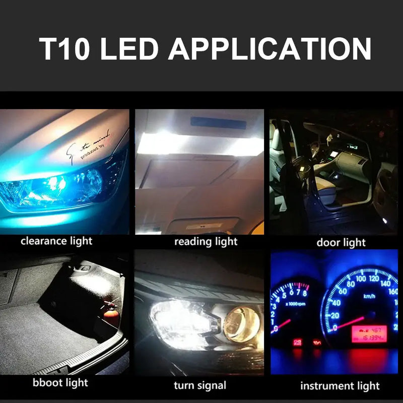 Collage of T10 LED applications, featuring Creadvent W5W LED Reading Lights in vehicles