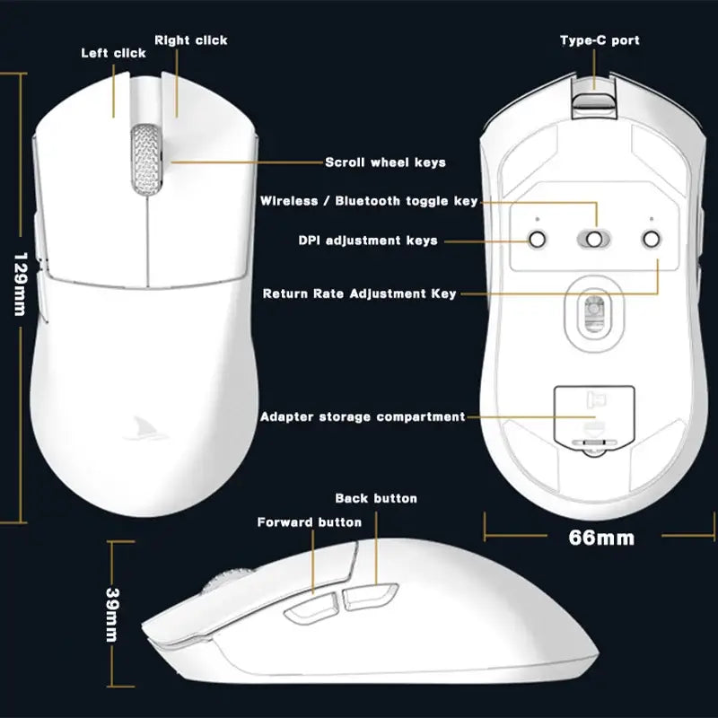 White wireless Darmoshark M3 Optical Esports Gaming Mouse showcasing labeled components