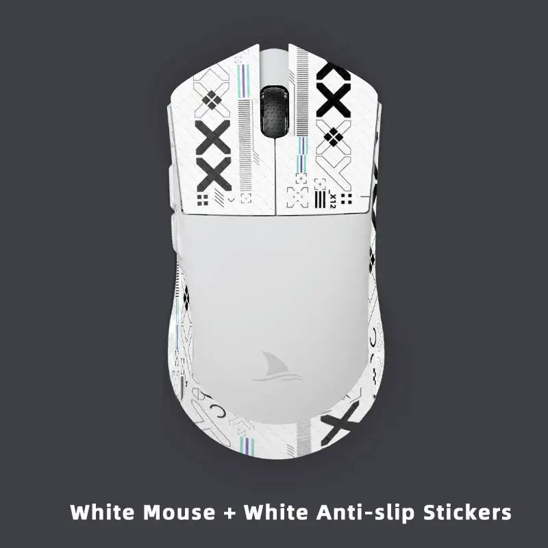 White optical esports gaming mouse with geometric pattern stickers for ultimate precision