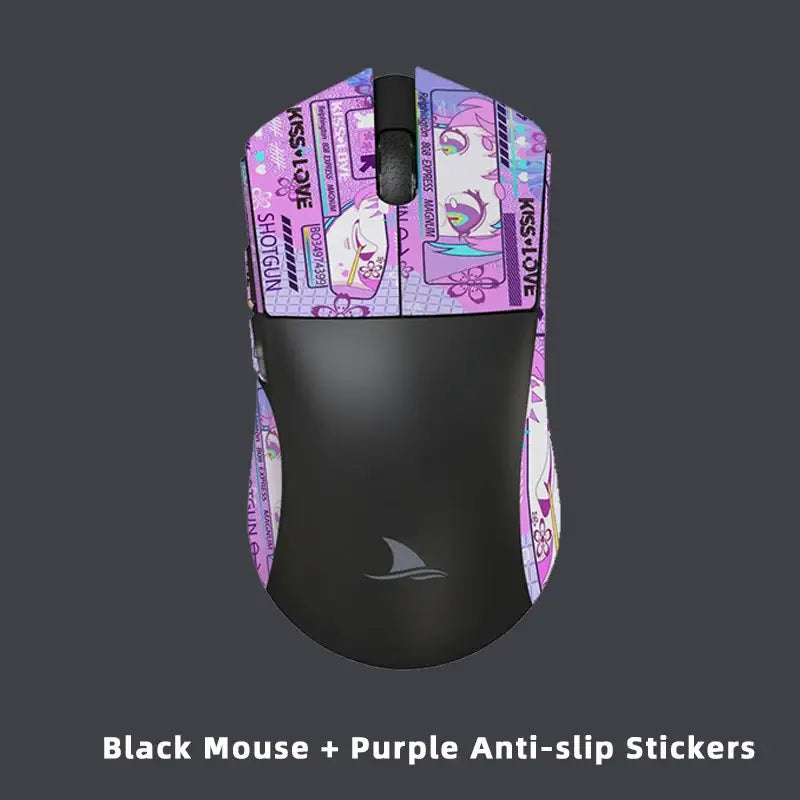 Computer mouse adorned with purple anime stickers, ideal for esports gaming precision