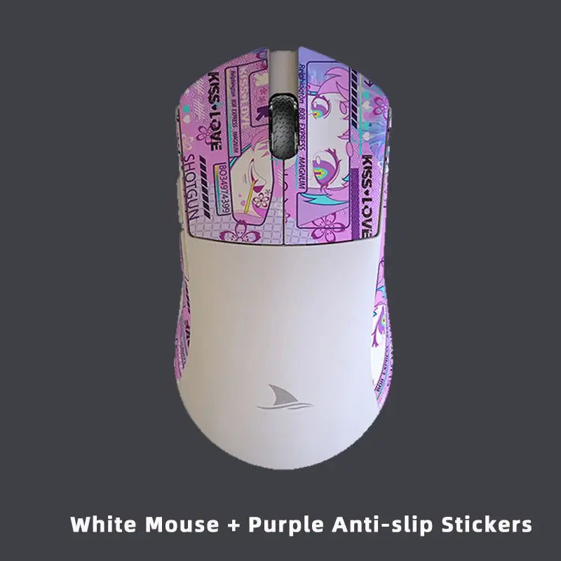 White Darmoshark M3 Optical Esports Gaming Mouse with purple decorative stickers