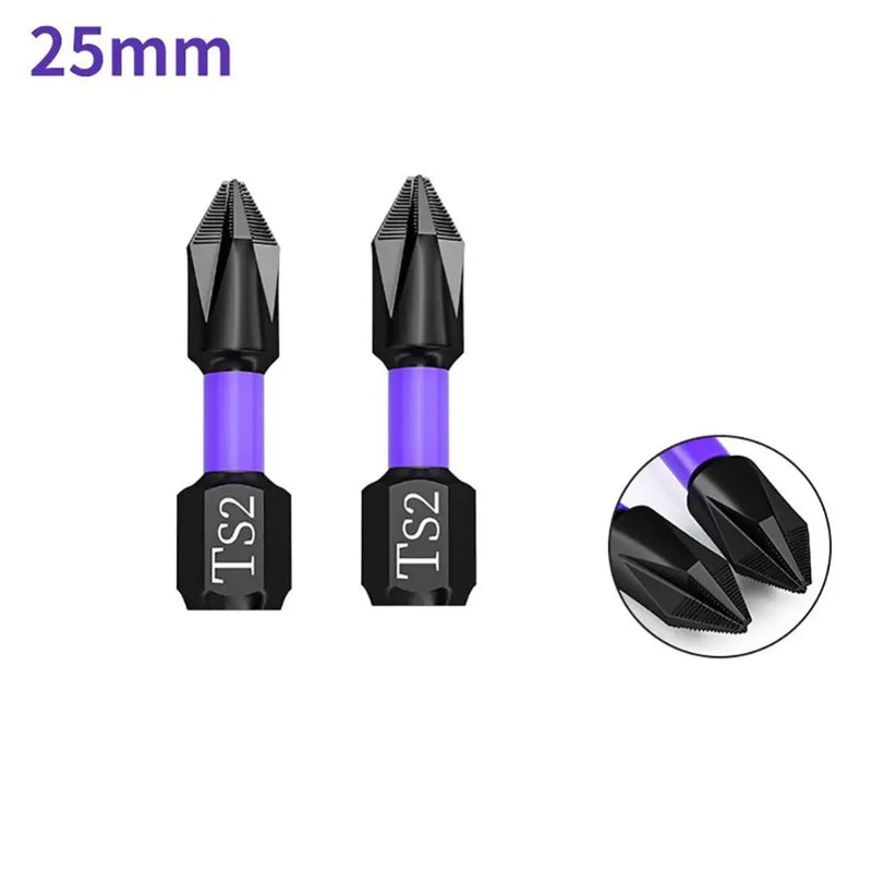 Two black and purple screwdriver bits with pointed tips in Dazzleex Alloy Steel Screwdriver Set