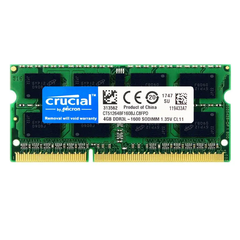 Crucial DDR3 Laptop RAM module for enhanced performance, featuring DDR3L 4GB and 8GB options