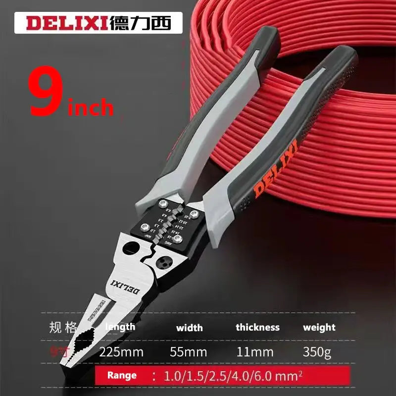 Multifunctional wire cutting and crimping pliers with red handles, showcasing carbon steel features from Mainland China DIY Supplies