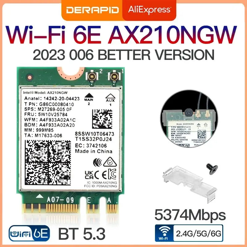 DERAPID 2400Mbps Dual Band Wireless Wi-Fi 6E AX210NGW network adapter with specifications