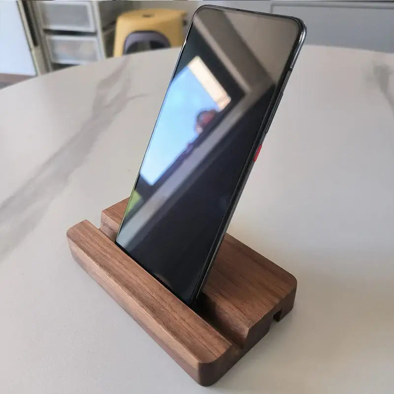 Smartphone on DIXSG Wooden Desk Holder showcasing elegant design and functionality