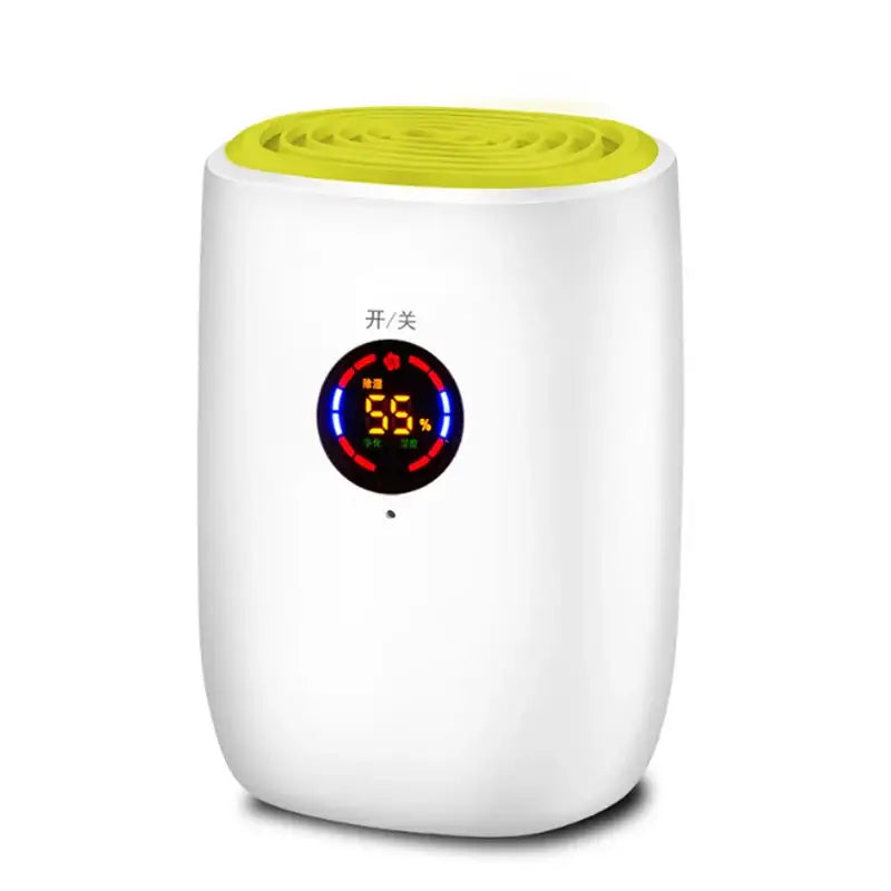 Egg-shaped white mini air dehumidifier with yellow top and digital humidity display