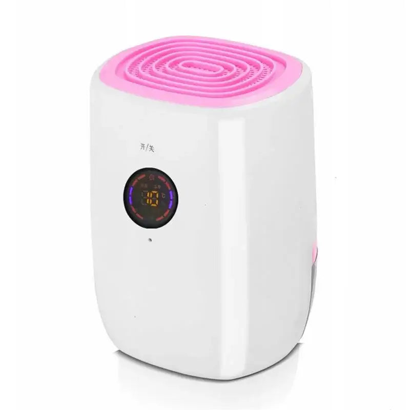 White Electric Mini Air Dehumidifier with Pink Top for Small Spaces and Digital Display