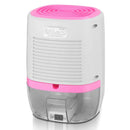 Compact electric mini air dehumidifier for small spaces with white body and pink top