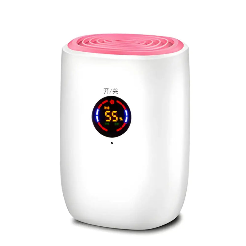 Cylindrical white mini air dehumidifier with pink top and digital display for small spaces