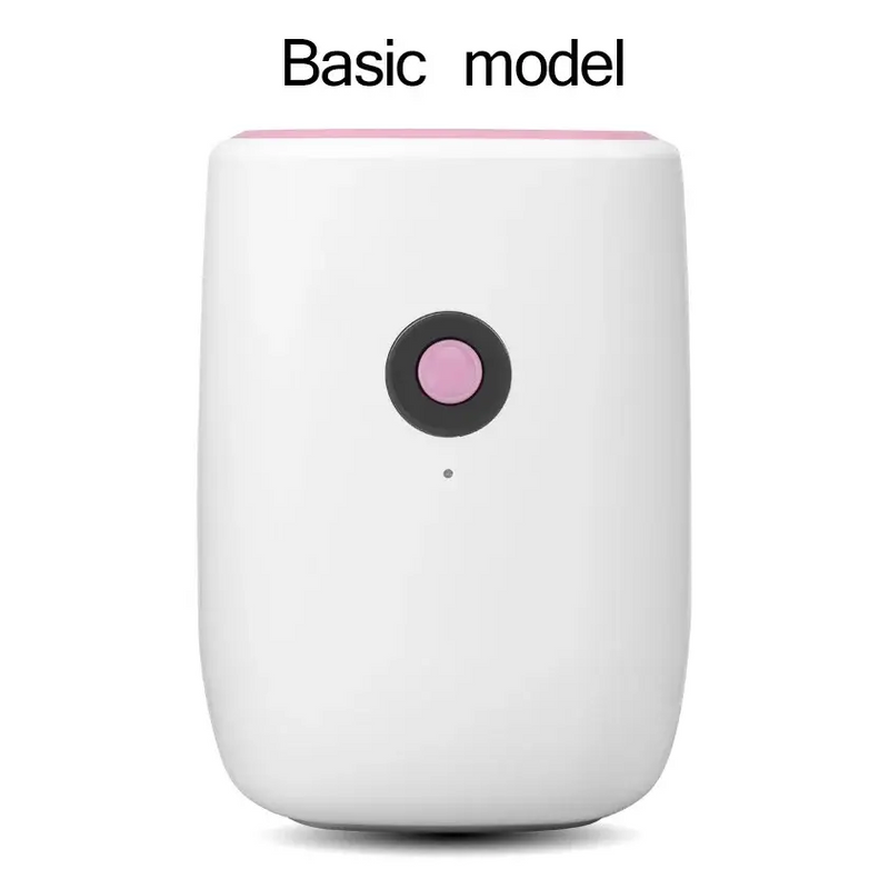 White cylindrical mini air dehumidifier with pink accents for small spaces