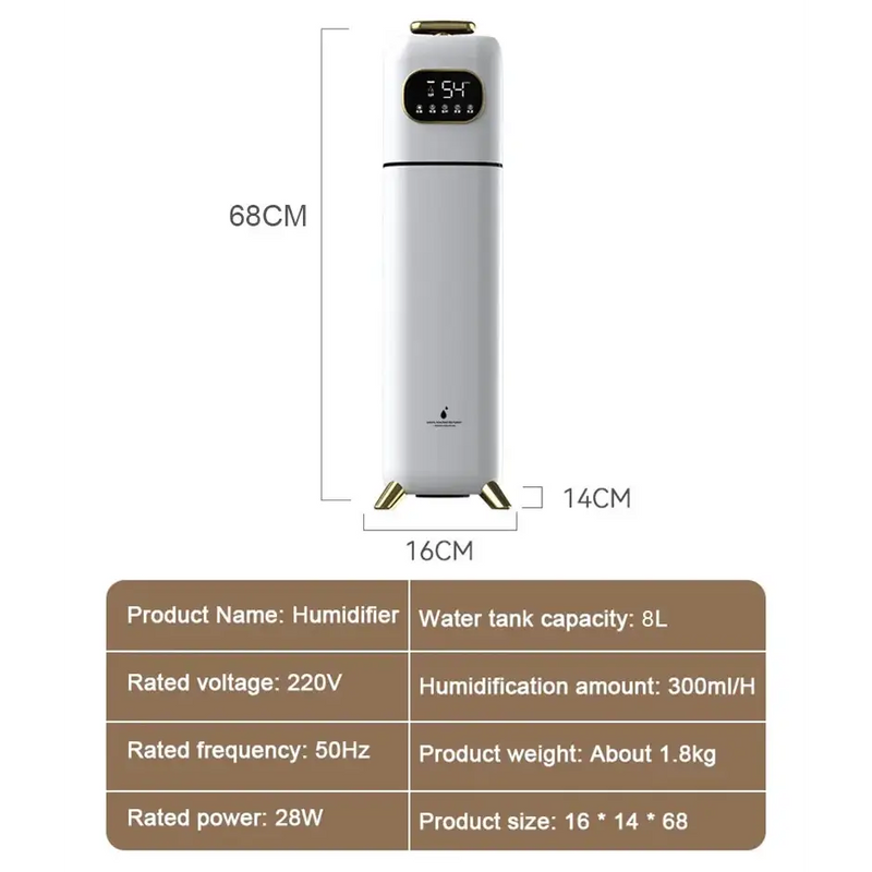 Tall white humidifier with digital display, featuring DMWD Innovative Humidification method