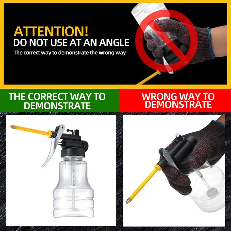 Spray bottle showing correct usage angles for NoEnName_Null Grease Gun safety instructions