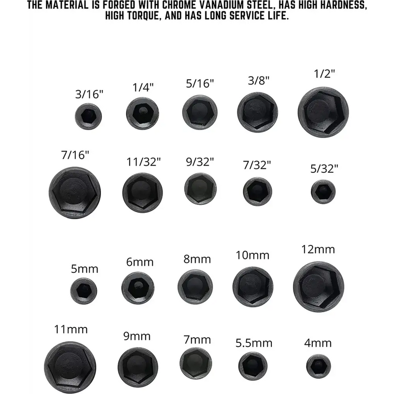 Set of Fbiannely Hex Sockets Sleeve with imperial and metric measurements displayed