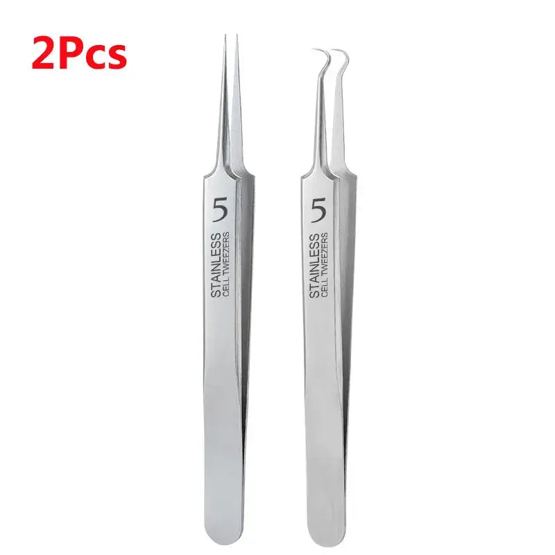 Two Fbiannely Stainless Steel Tweezers marked with number 5 for skin care treatment