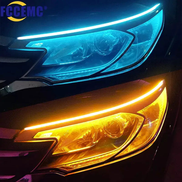 Car headlights featuring Fccemc Day Light with blue and yellow LED strips, 2400LM