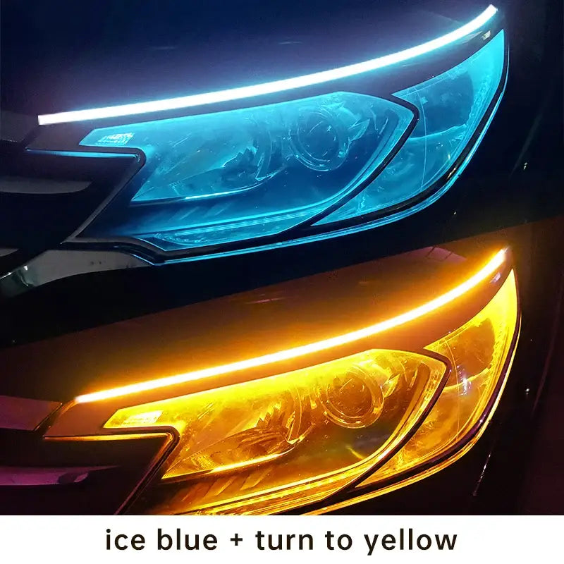 Car headlights featuring blue and yellow illumination from Fccemc Day Light Lumens 2400LM