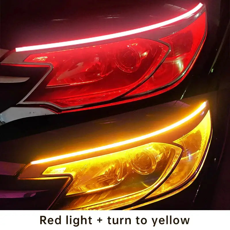 Car headlights illuminating red and yellow patterns with Fccemc Day Light 2400LM high-performance lighting