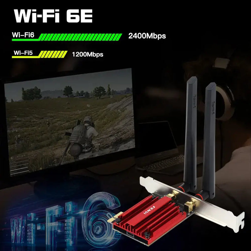 Wi-Fi 6E network adapter card with dual antennas, Fenvi Model Number PCE-AXE3000