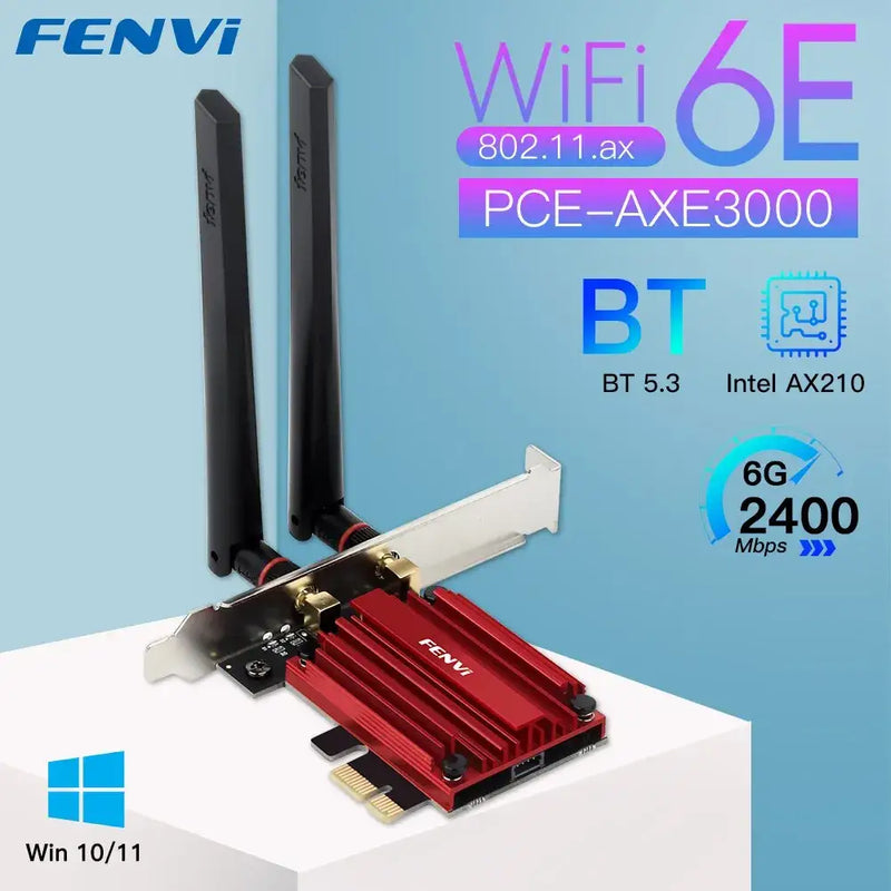 WiFi 6E dual antenna PCIe network adapter, Fenvi Model Number PCE-AXE3000 Gigabit Ethernet