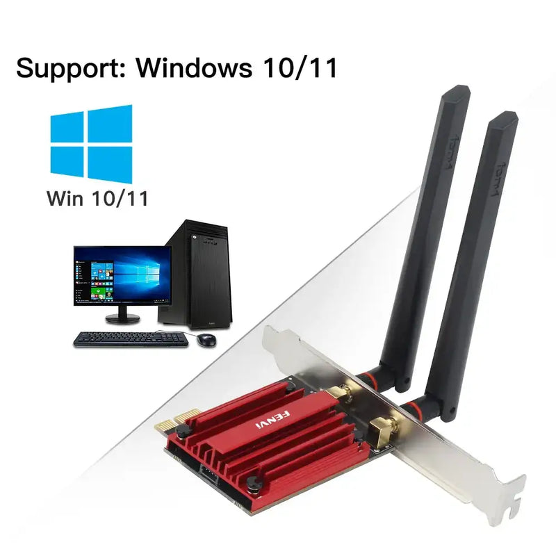 Wi-Fi network adapter card with red heatsink and antennas for Fenvi Model Number PCE-AXE3000