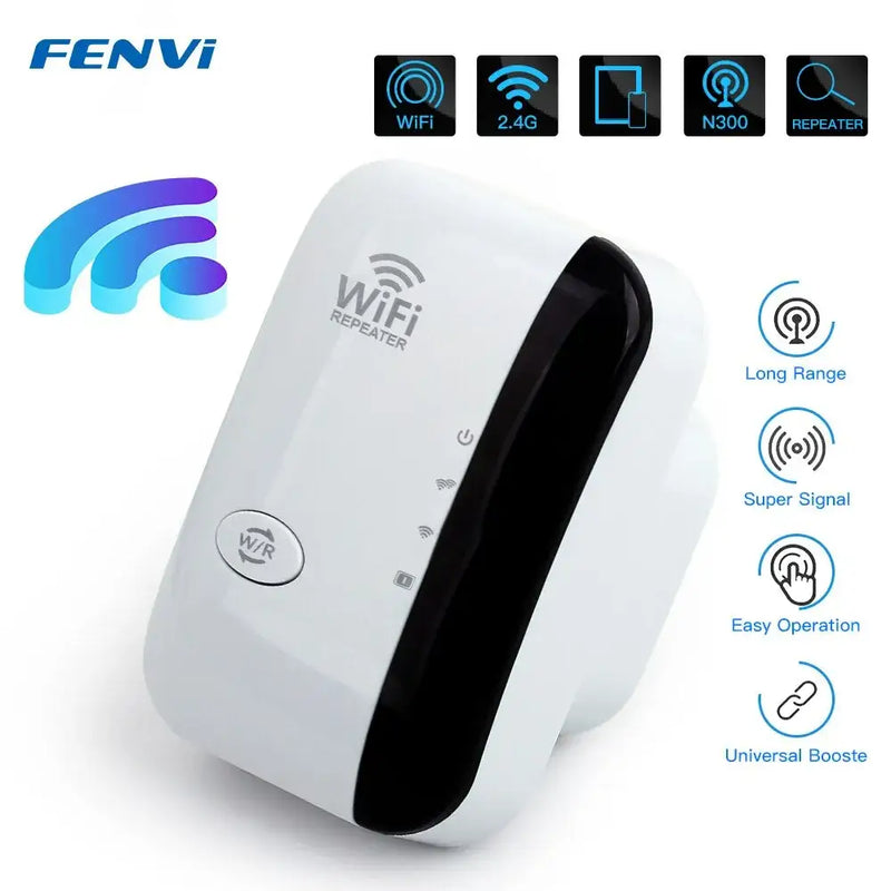 Fenvi Wi-Fi Transmission Standard 802.11n Wi-Fi signal booster in sleek black and white design